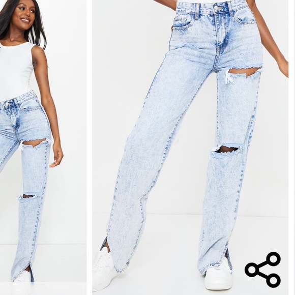 Pretty Little Thing Ice Blue Split Hem Jeans - Picture 5 of 5